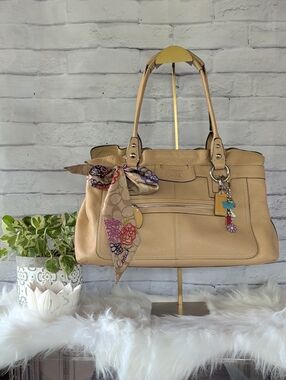 Coach Penelope Tan Leather Shoulder Bag with Floral Scarf and Key Charm